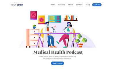 Medical Health Podcast - Landing Page. flat vector landing page template. illustration