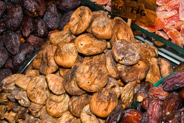 Counter with various dried fruits on the Grand Bazaar in Istanbul, Turkey