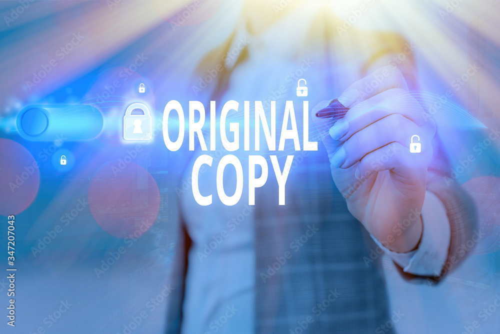 Aufkleber writing note showing original copy. business concept for main script unprinted branded patented mast