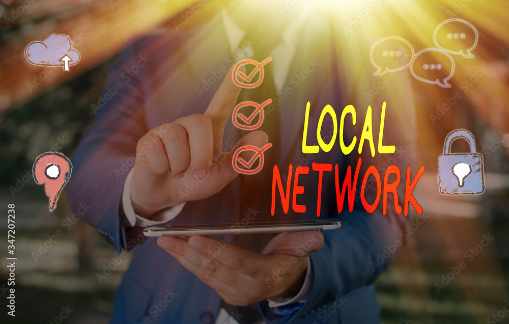 Aufkleber text sign showing local network. business photo showcasing intranet lan radio waves dsl boradband sw