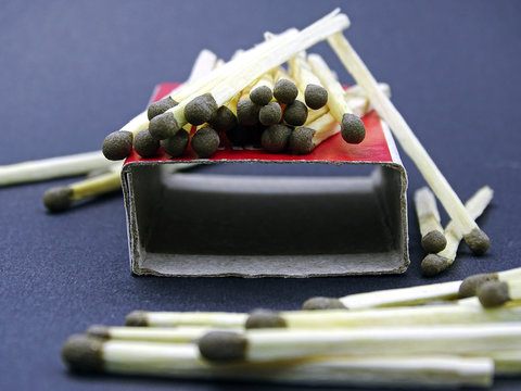 Matches and matchbox on black background