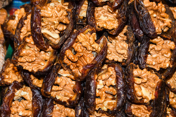 Counter with various dried fruits on the Grand Bazaar in Istanbul, Turkey