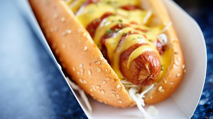 Take out hot dog close up