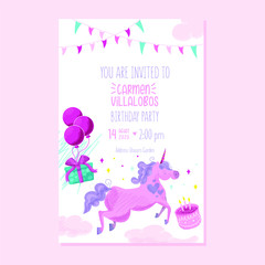 Unicorn birthday pink invitation card with cake gifts and balloons