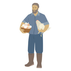 Male farmer, basket with eggs, chicken, rooster. Vector illustration. Isolated on a white background.