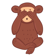The monkey closed her eyes with her paws, isolated on a white background. Vector graphics.