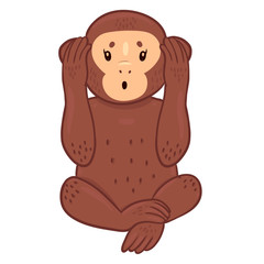 Monkey covered its ears with paws isolated on a white background. Vector graphics.