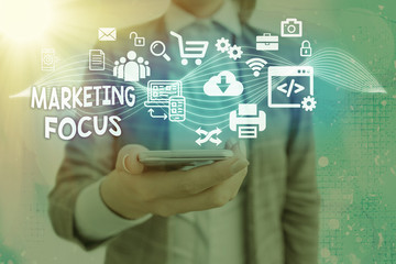 Text sign showing Marketing Focus. Business photo showcasing understanding your customers and thier...