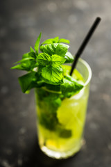 Mojito cocktail with lime and mint on the rustic background. Selective focus. Shallow depth of field.