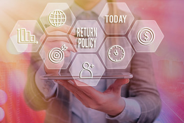 Text sign showing Return Policy. Business photo showcasing Tax Reimbursement Retail Terms and...