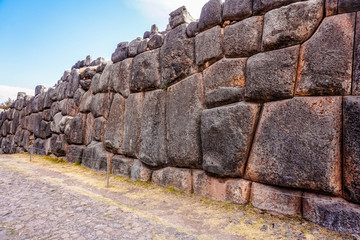Inca fortress of Sacsayhuaman, stone wall. Cusco, Peru.