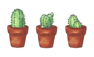 Keuken foto achterwand Cactus in pot Stedelijke jungle. Aquarel hand getekende illustratie van geïsoleerde cactus in pot in schets en doodle stijl op witte background