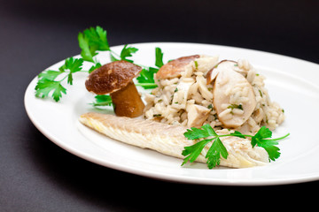 Bass fish with mushrooms