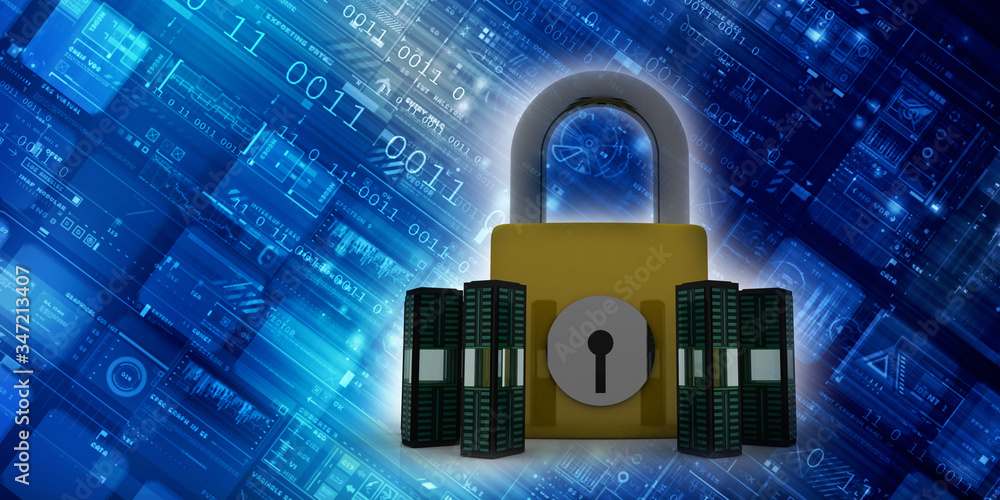Poster 3d illustration database storage security concept. disk with lock