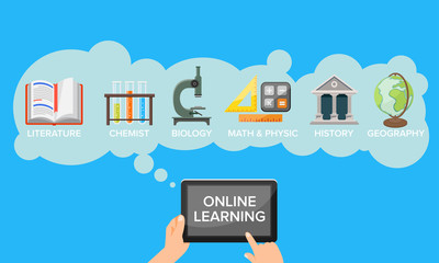 Vector illustration of online learning. Suitable for design elements of home learning activities, the use of the internet for education, and distance learning. Internet technology in education system.
