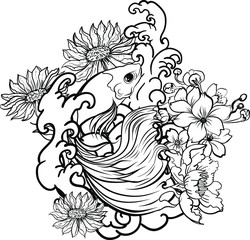 Colorful Siamese fighting fish or betta fish swimming in Japanese wave with peony and daisy flowers for hand drawn tattoo art design in  geometric and circular ornament frame