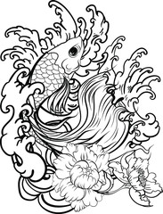 Colorful Siamese fighting fish or betta fish swimming in Japanese wave with peony and daisy flowers for hand drawn tattoo art design in  geometric and circular ornament frame