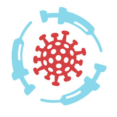 Coronavirus 2019-nCoV vaccine or cure concept with syringes about the time when Covid-19 disease is defeated, medical victory over the virus and quarantine end. Flat vector illustration.
