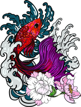 recommend clip art: Colorful Siamese fighting fish or betta fish swimming in Japanese wave with peony and daisy flowers for hand drawn tattoo art design in  geometric and circular ornament frame