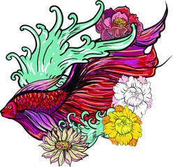 Colorful Siamese fighting fish or betta fish swimming in Japanese wave with peony and daisy flowers for hand drawn tattoo art design in  geometric and circular ornament frame