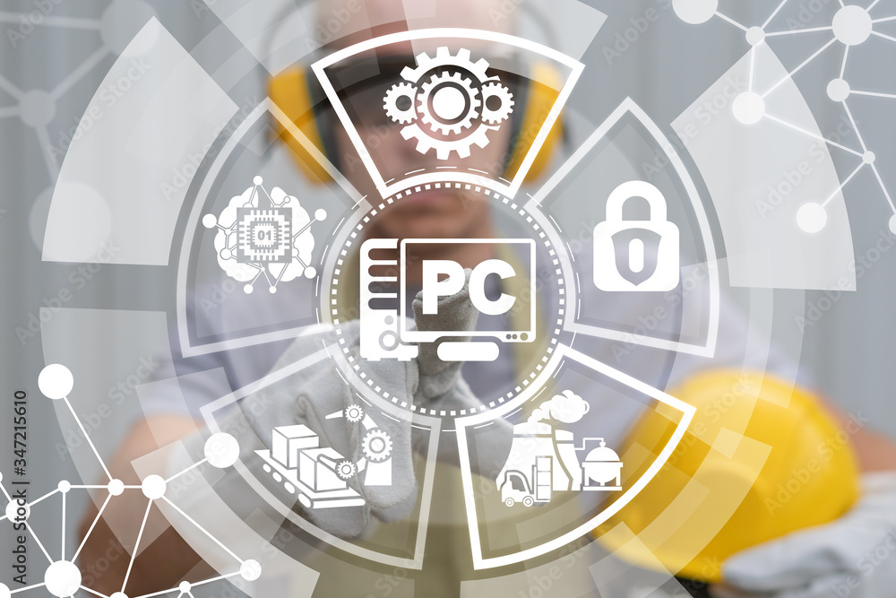 Poster personal computer (pc) industry concept. central control computing panel factory production process 