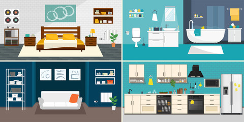 Set of vector interiors with furniture and equipment. Design a living room, kitchen, bathroom, bedroom. Flat style interior, House shape concept design.