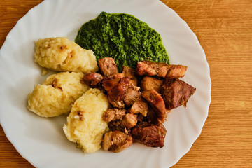Roasted pork meat with furry dumplings and spinach