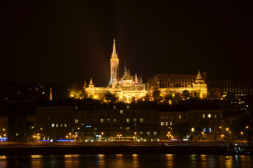 Matthias church and the Fisherman's Bastion at night in Budapest Hungary.