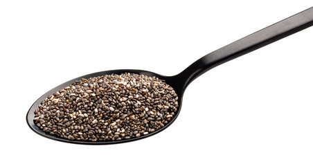 Chia seeds in black spoon isolated on white background
