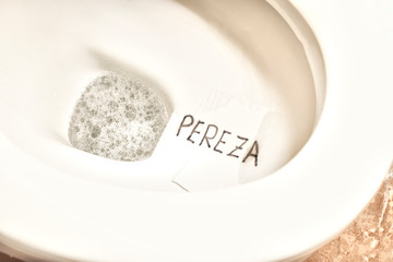 Concept get rid of laziness. Paper with the word laziness in Spanish on the edge of a toilet.