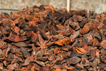 Macro shot of Badyan star anise spice at the market in India