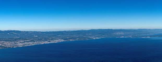 Fototapeta na wymiar Extra wide panorama of Rijeka bay, view from Vojak, Croatia