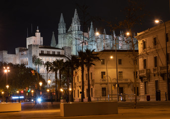 Fototapeta na wymiar Palma de Mallorca, Spain, February 7, 2019: Cathedral in the night lighting