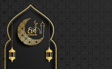 Eid mubarak ,Ramadan mubarak background. Design with moon,  gold lantern on black background. Vector.