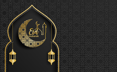 Obraz premium Eid mubarak ,Ramadan mubarak background. Design with moon, gold lantern on black background. Vector.