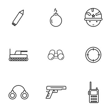 Army icon set outline style for yourdesign.such as Army, bullet, military, war, weapon,tank,soldier,point, sight, target icon,army radio
