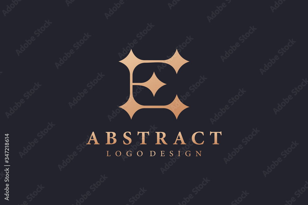 Aufkleber abstract initial letter e logo. gold square line with star sparkles combination. usable for business