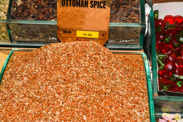 Spices and teas in the Egyptian market in Istanbul. Spices stall in the Spice Market, Istanbul