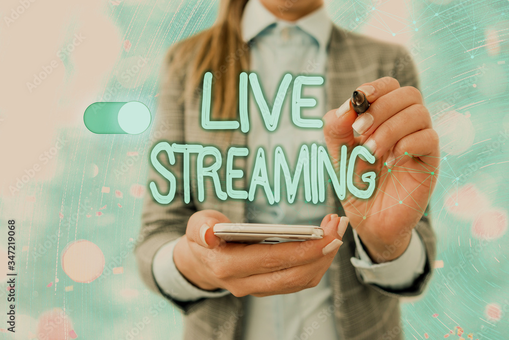 Aufkleber handwriting text writing live streaming. conceptual photo transmit live video coverage of an event o
