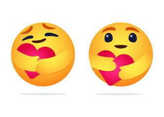 Care emoji - yellow face emoticon with large open glossy eyes hugging a red heart with both hands showing care, support, and presence