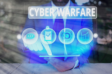 Conceptual hand writing showing Cyber Warfare. Concept meaning Virtual War Hackers System Attacks...