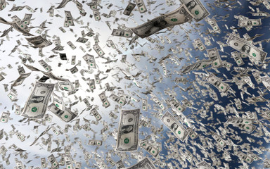 3d rendering of money us dollars raining from the sky