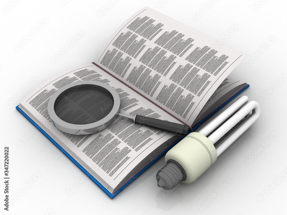 Poster 3d rendering stack of books search with cfl bulb