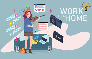 Working at home with cat, coworking space, concept illustration. Young people, man and woman freelancers working on laptops and computers at home. People at home in quarantine. Vector flat style illus