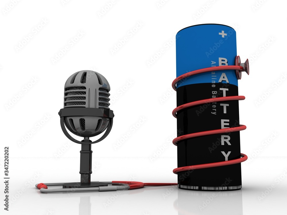Poster 3d rendering microscope with stethoscope connected battery