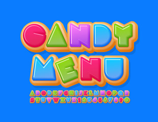 Vector bright template Candy Menu with creative Donut Font. Colorful Sweet Alphabet Letters and Numbers