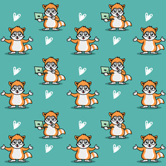Seamless pattern, cute raccoon with love background
