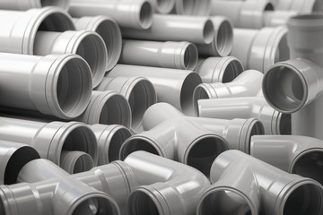 PVC plastic pipes and tubes stacked in warehouse. - obrazy, fototapety, plakaty