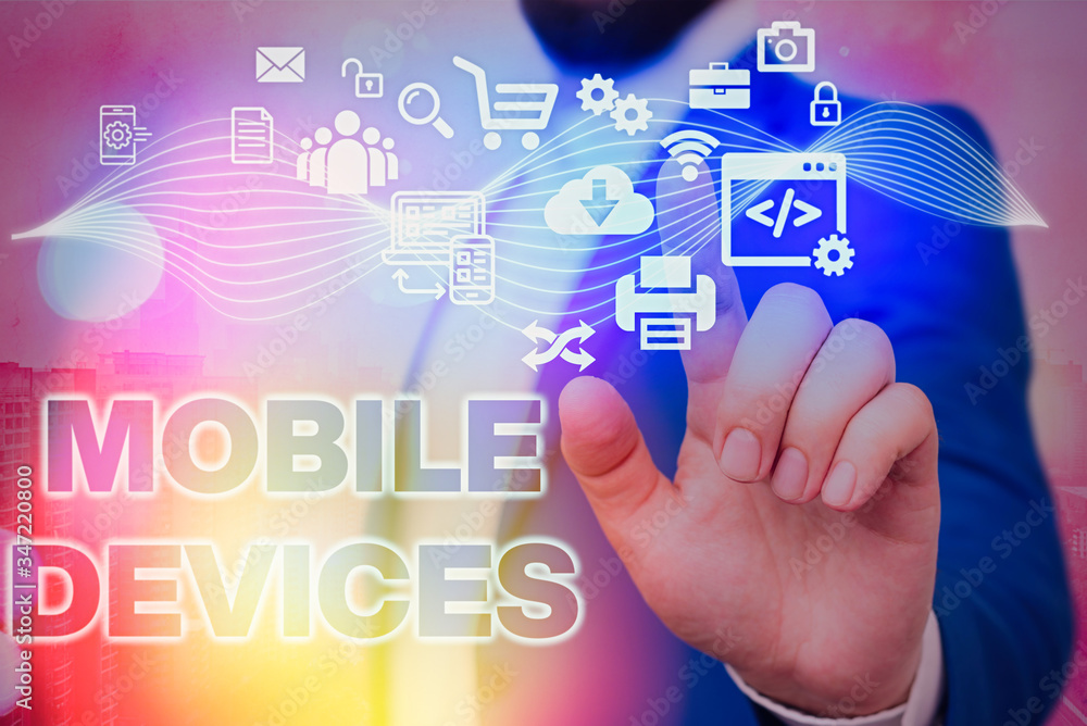 Poster handwriting text mobile devices. conceptual photo a portable computing device like smartphone tablet