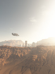 Science fiction illustration of a supply ship arriving at an outpost base on an alien Mars-like desert planet, 3d digitally rendered illustration © Algol